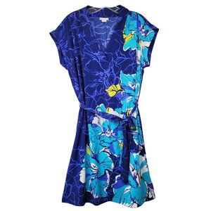 Liz Claiborne Women's NWT M Dress Casual V Neck Short Sleeve Ties Floral Blues